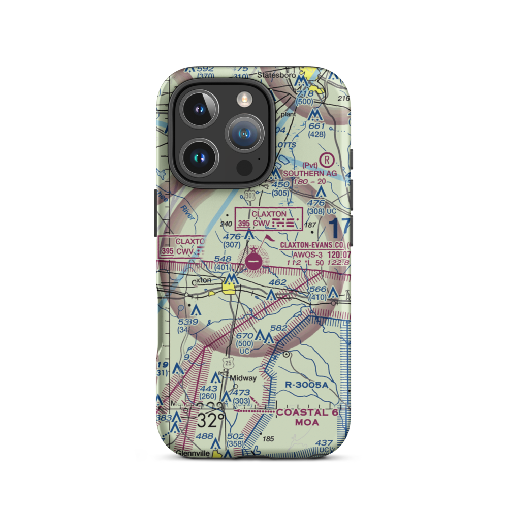 Claxton Evans County Airport (CWV) VFR Sectional  Tough iPhone Case iPhone 16 Pro model shown
