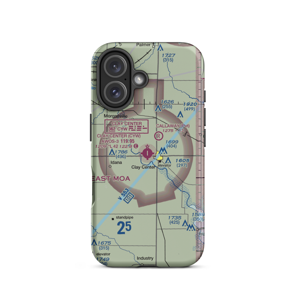 Clay Center Municipal Airport (CYW) VFR Sectional  Tough iPhone Case iPhone 16 model shown
