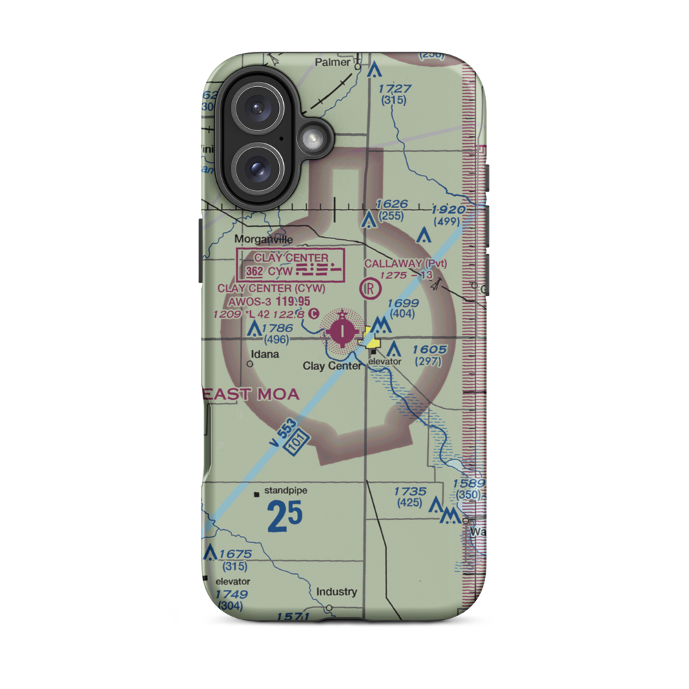 Clay Center Municipal Airport (CYW) VFR Sectional  Tough iPhone Case iPhone 16 Plus model shown