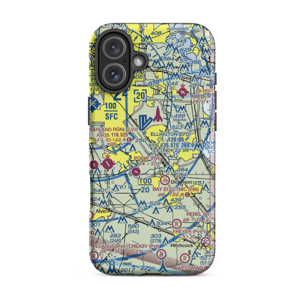 Clear Lake Metroport (CLC) VFR Sectional  Tough iPhone Case iPhone 16 Plus model shown