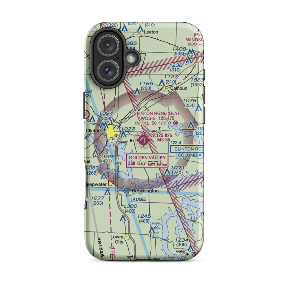 Clinton Memorial Airport (GLY) VFR Sectional  Tough iPhone Case iPhone 16 Plus model shown