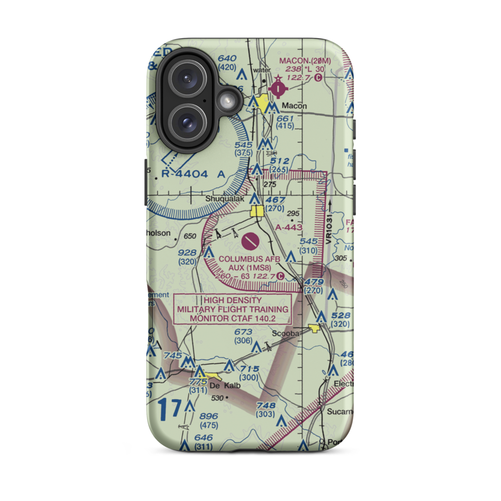 Columbus Air Force Base Aux Field Airfield (1MS8) VFR Sectional  Tough iPhone Case iPhone 16 Plus model shown