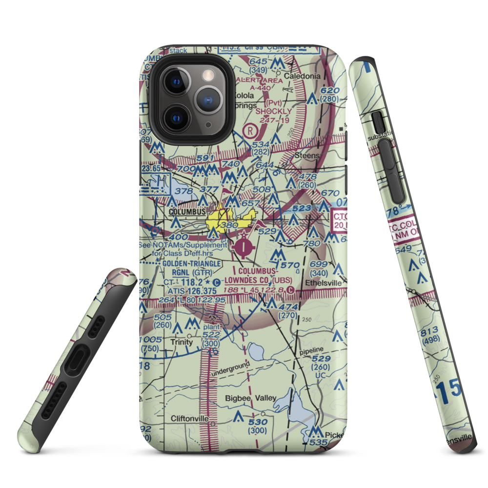 Columbus Lowndes County Airport (UBS) VFR Sectional  Tough iPhone Case iPhone 11 Pro Max model shown