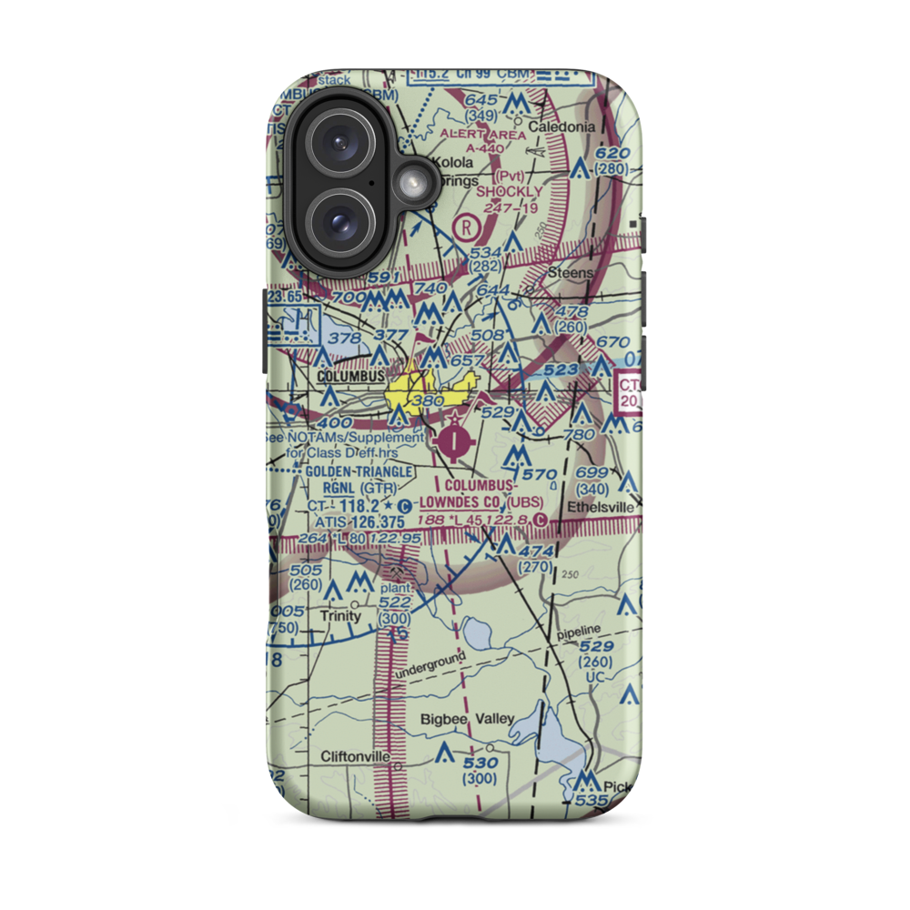 Columbus Lowndes County Airport (UBS) VFR Sectional  Tough iPhone Case iPhone 16 Plus model shown