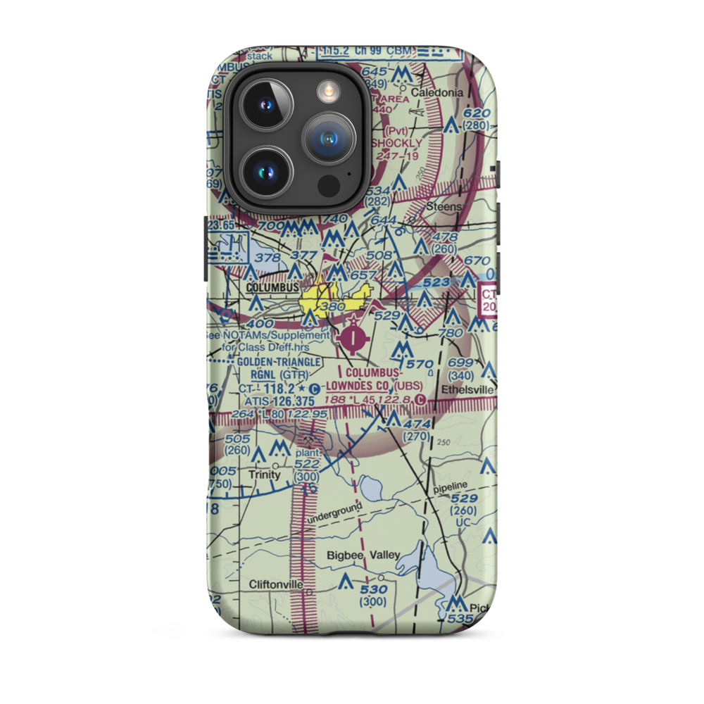 Columbus Lowndes County Airport (UBS) VFR Sectional  Tough iPhone Case iPhone 16 Pro Max model shown