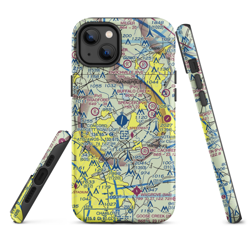 Concord-Padgett Regional Airport (JQF) VFR Sectional  Tough iPhone Case iPhone 14 Plus model shown