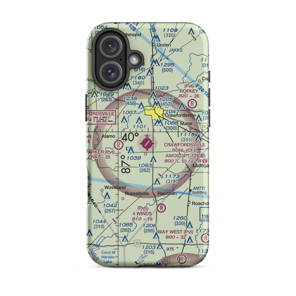 Crawfordsville Regional Airport (CFJ) VFR Sectional  Tough iPhone Case iPhone 16 Plus model shown