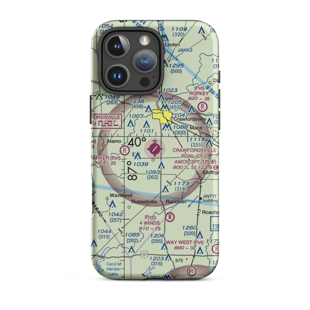 Crawfordsville Regional Airport (CFJ) VFR Sectional  Tough iPhone Case iPhone 16 Pro Max model shown