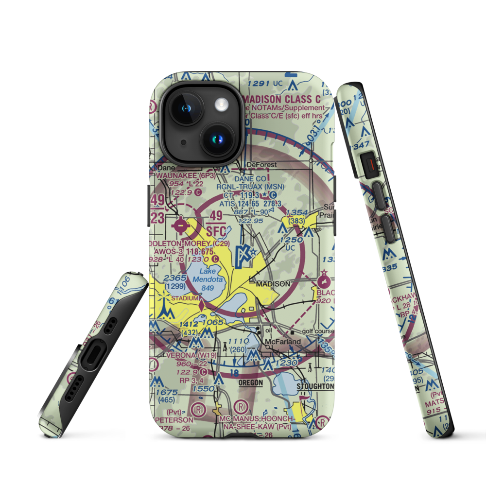 Dane County Regional Truax Field (MSN) VFR Sectional  Tough iPhone Case iPhone 15 model shown