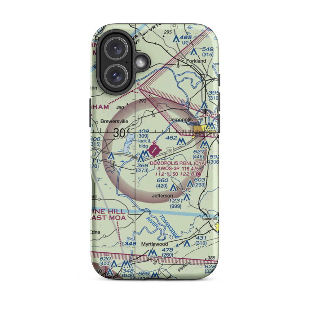 Demopolis Municipal Airport (DYA) VFR Sectional  Tough iPhone Case iPhone 16 Plus model shown