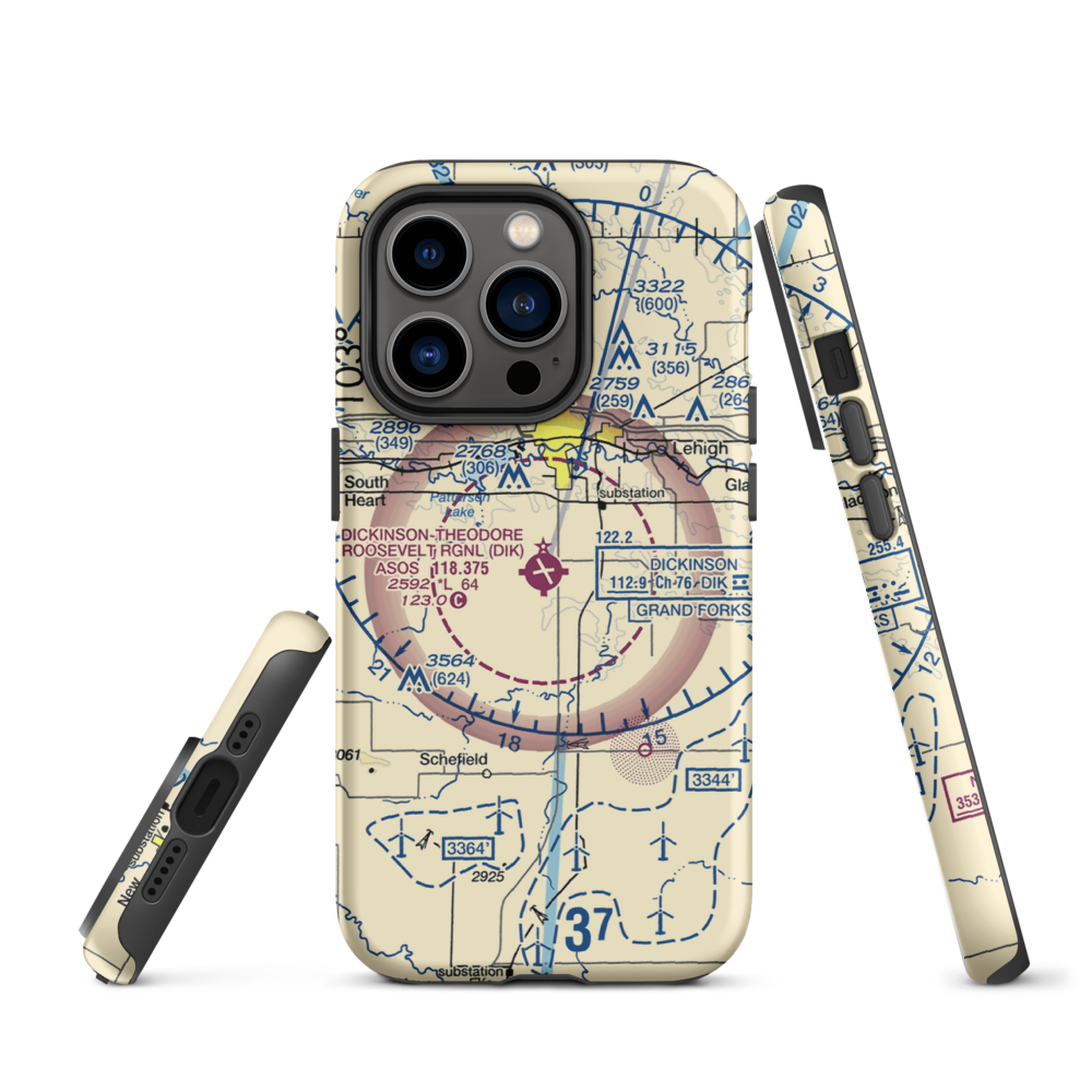 Dickinson Theodore Roosevelt Regional Airport (DIK) VFR Sectional  Tough iPhone Case iPhone 14 Pro model shown