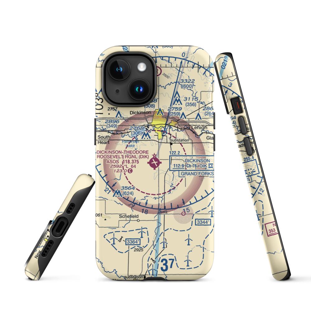 Dickinson Theodore Roosevelt Regional Airport (DIK) VFR Sectional  Tough iPhone Case iPhone 15 model shown