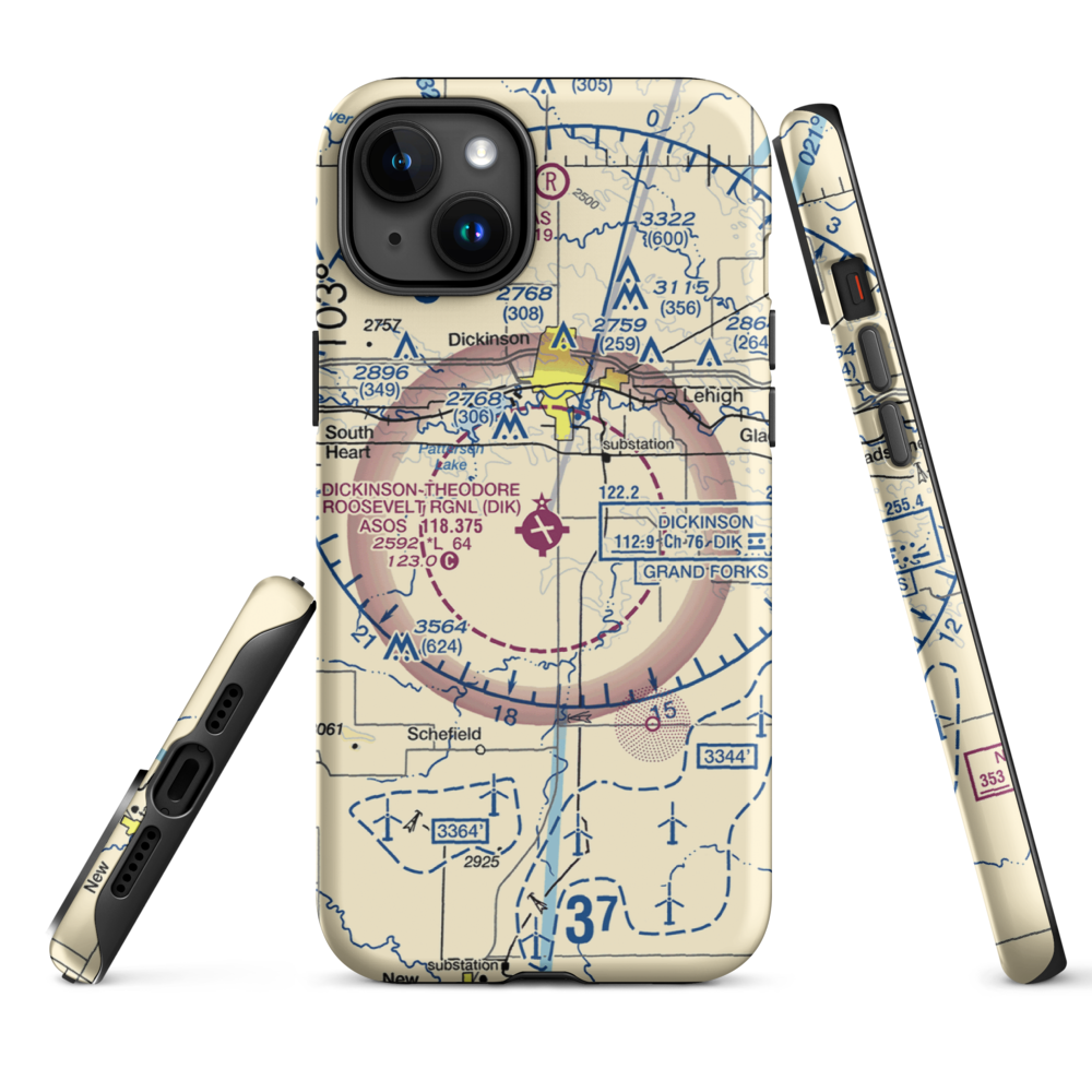 Dickinson Theodore Roosevelt Regional Airport (DIK) VFR Sectional  Tough iPhone Case iPhone 15 Plus model shown