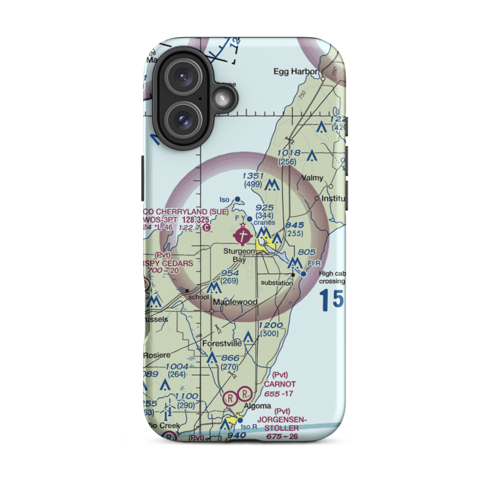 Door County Cherryland Airport (SUE) VFR Sectional  Tough iPhone Case iPhone 16 Plus model shown