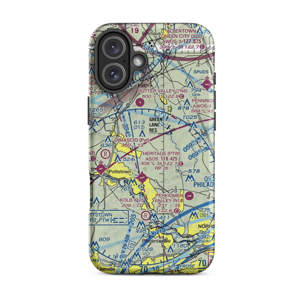 Drewniany-Springmeadow Airport (PA85) VFR Sectional  Tough iPhone Case iPhone 16 Plus model shown