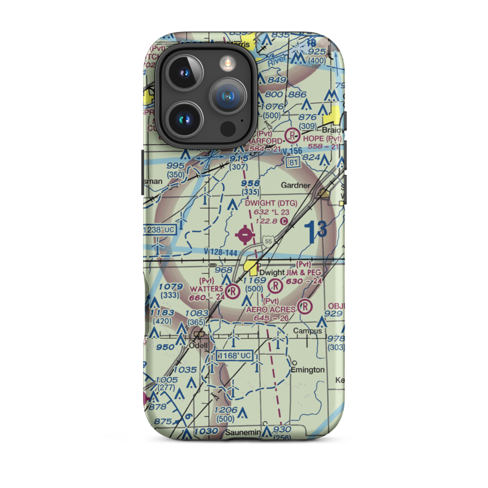 Dwight Airport (DTG) VFR Sectional  Tough iPhone Case iPhone 16 Pro Max model shown