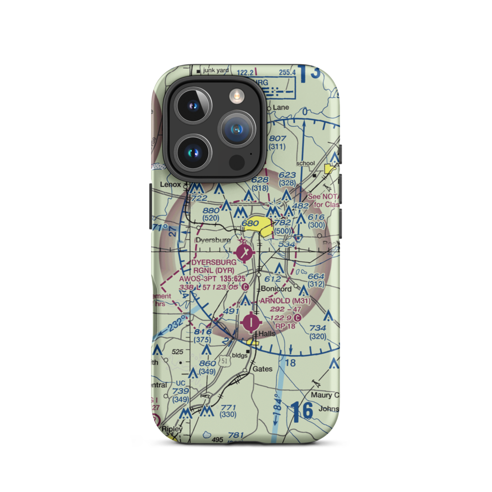 Dyersburg Regional Airport (DYR) VFR Sectional  Tough iPhone Case iPhone 16 Pro model shown