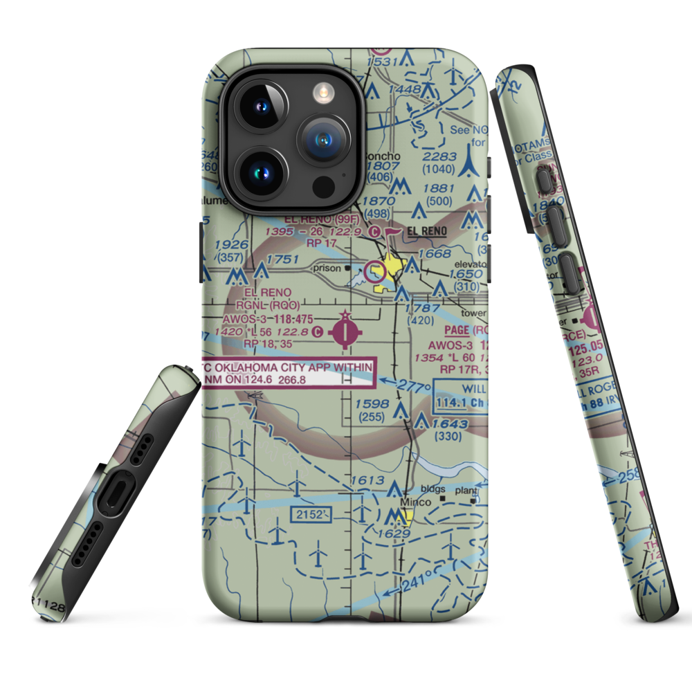 El Reno Regional Airport (RQO) VFR Sectional  Tough iPhone Case iPhone 15 Pro Max model shown