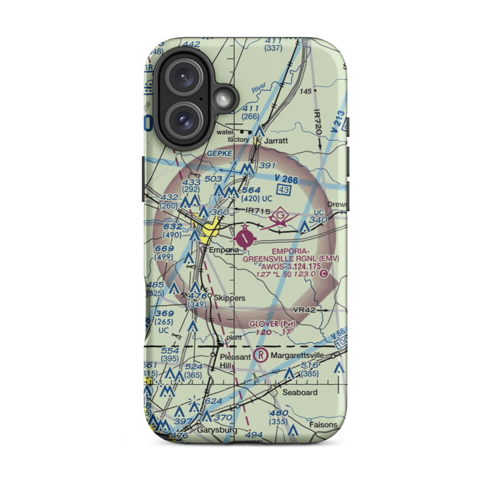 Emporia Greensville Regional Airport (EMV) VFR Sectional  Tough iPhone Case iPhone 16 Plus model shown