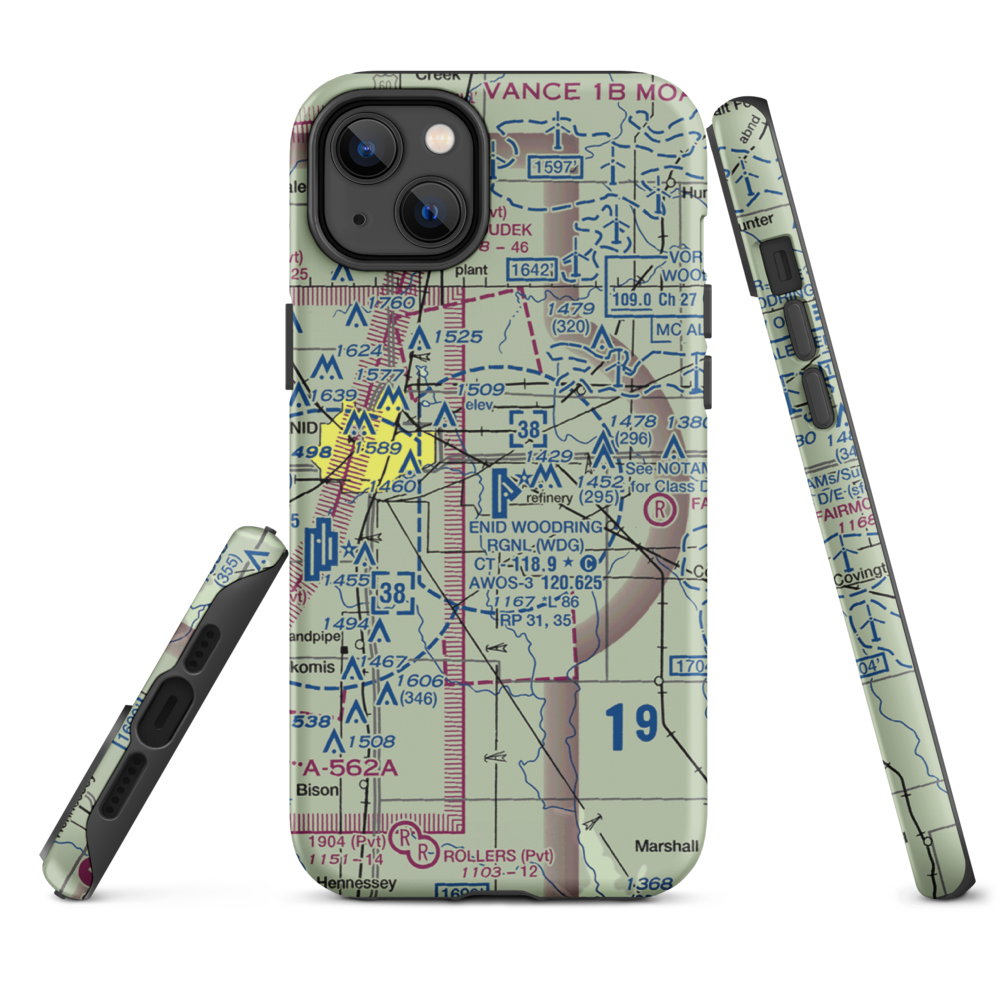 Enid Woodring Regional Airport (WDG) VFR Sectional  Tough iPhone Case iPhone 14 Plus model shown