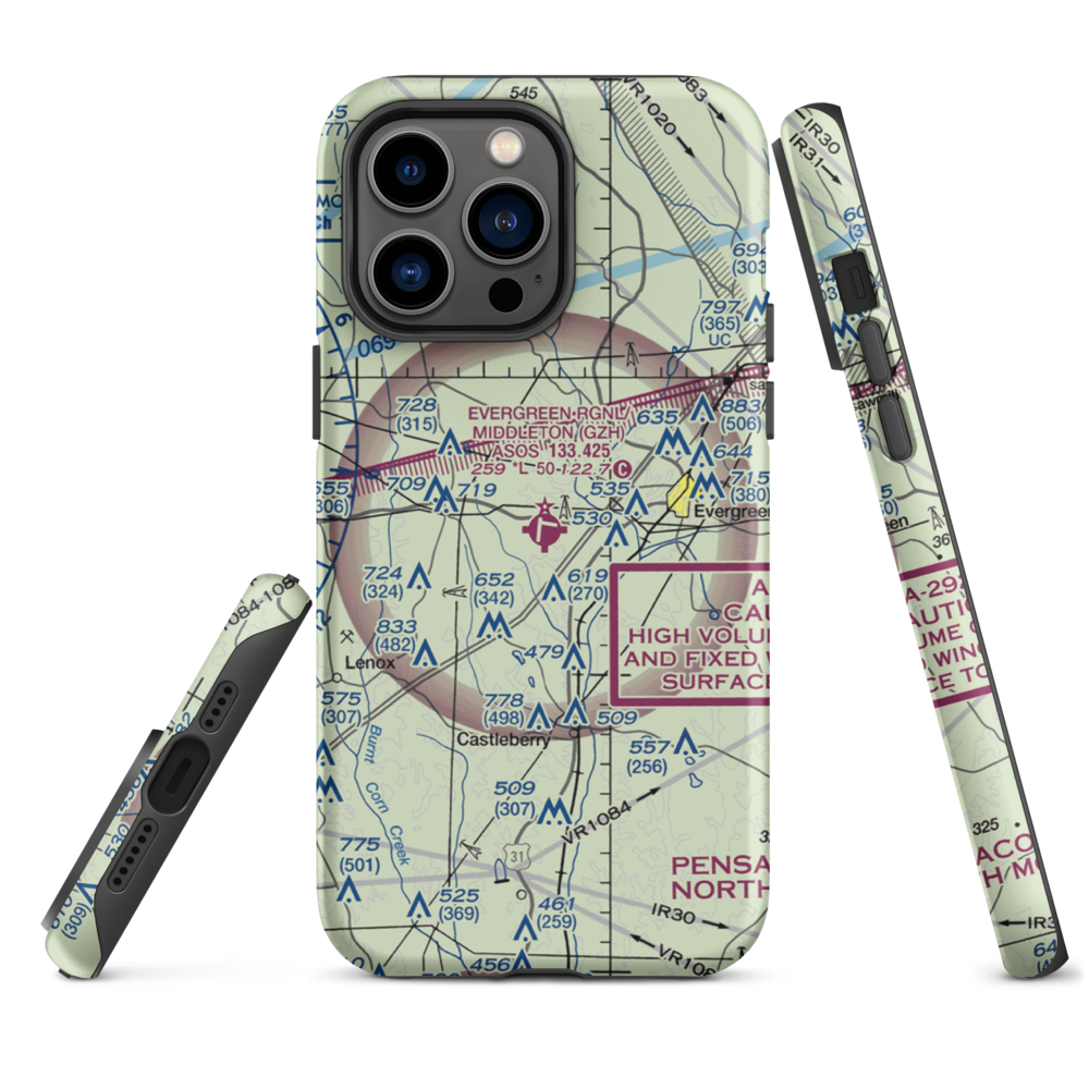 Evergreen Regional Airport/Middleton Field (GZH) VFR Sectional  Tough iPhone Case iPhone 14 Pro Max model shown