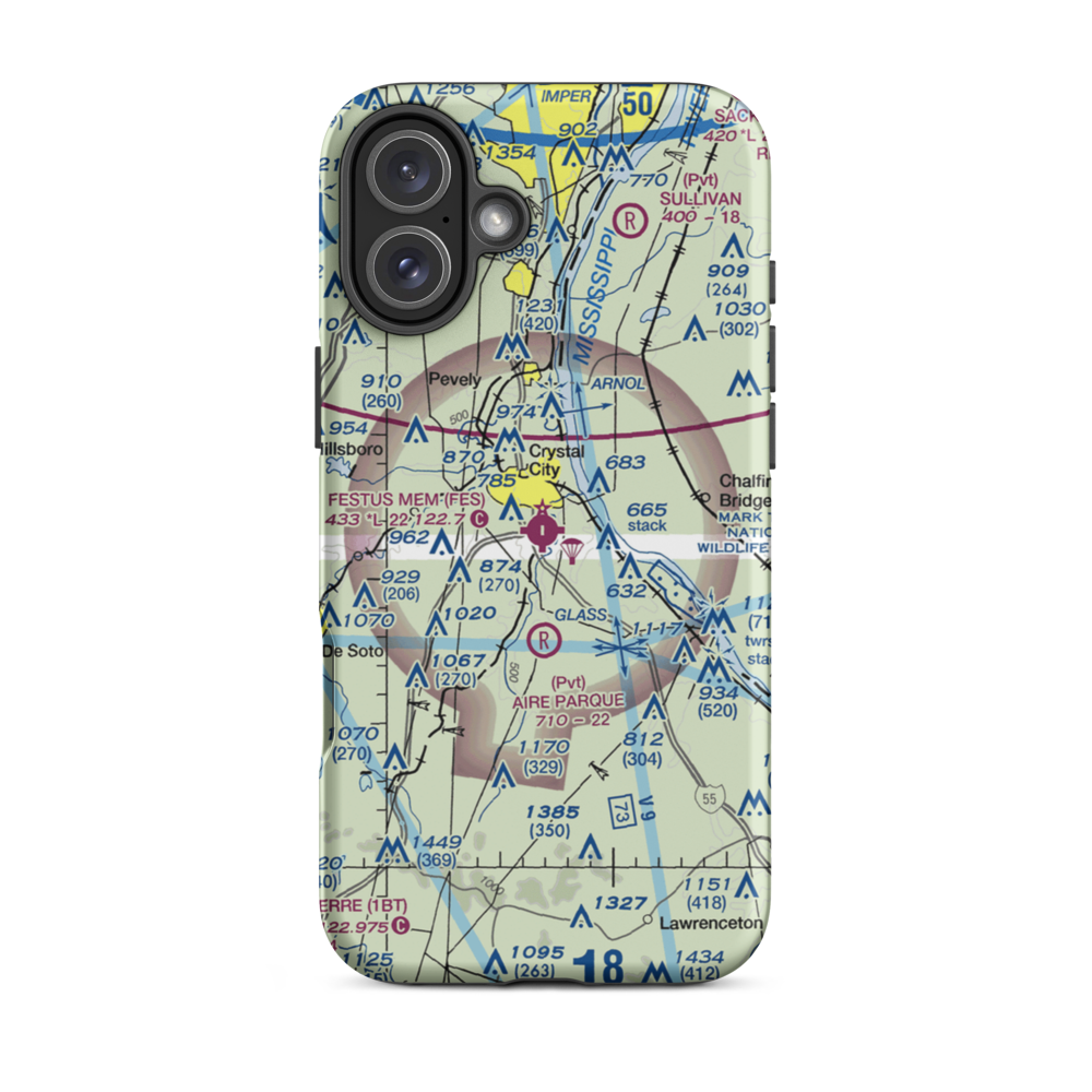 Festus Memorial Airport (FES) VFR Sectional  Tough iPhone Case iPhone 16 Plus model shown