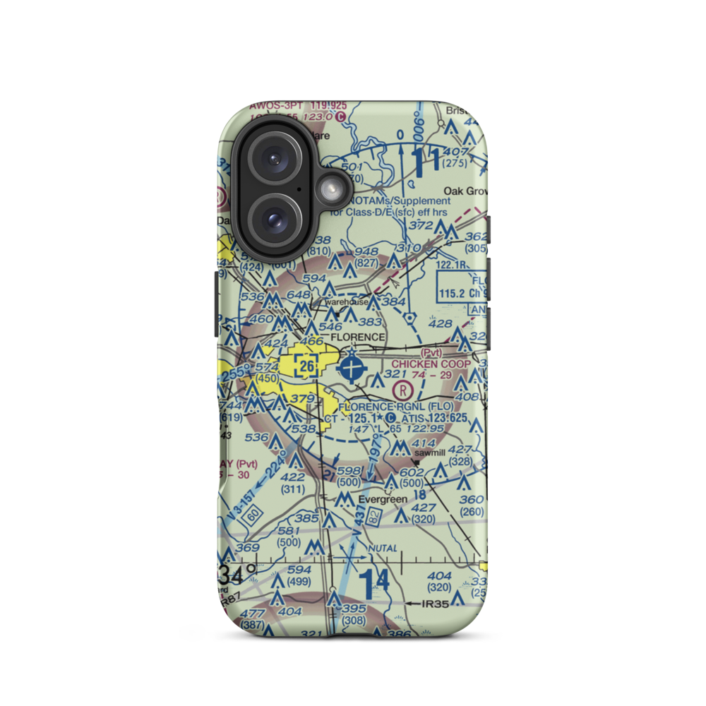 Florence Regional Airport (FLO) VFR Sectional  Tough iPhone Case iPhone 16 model shown