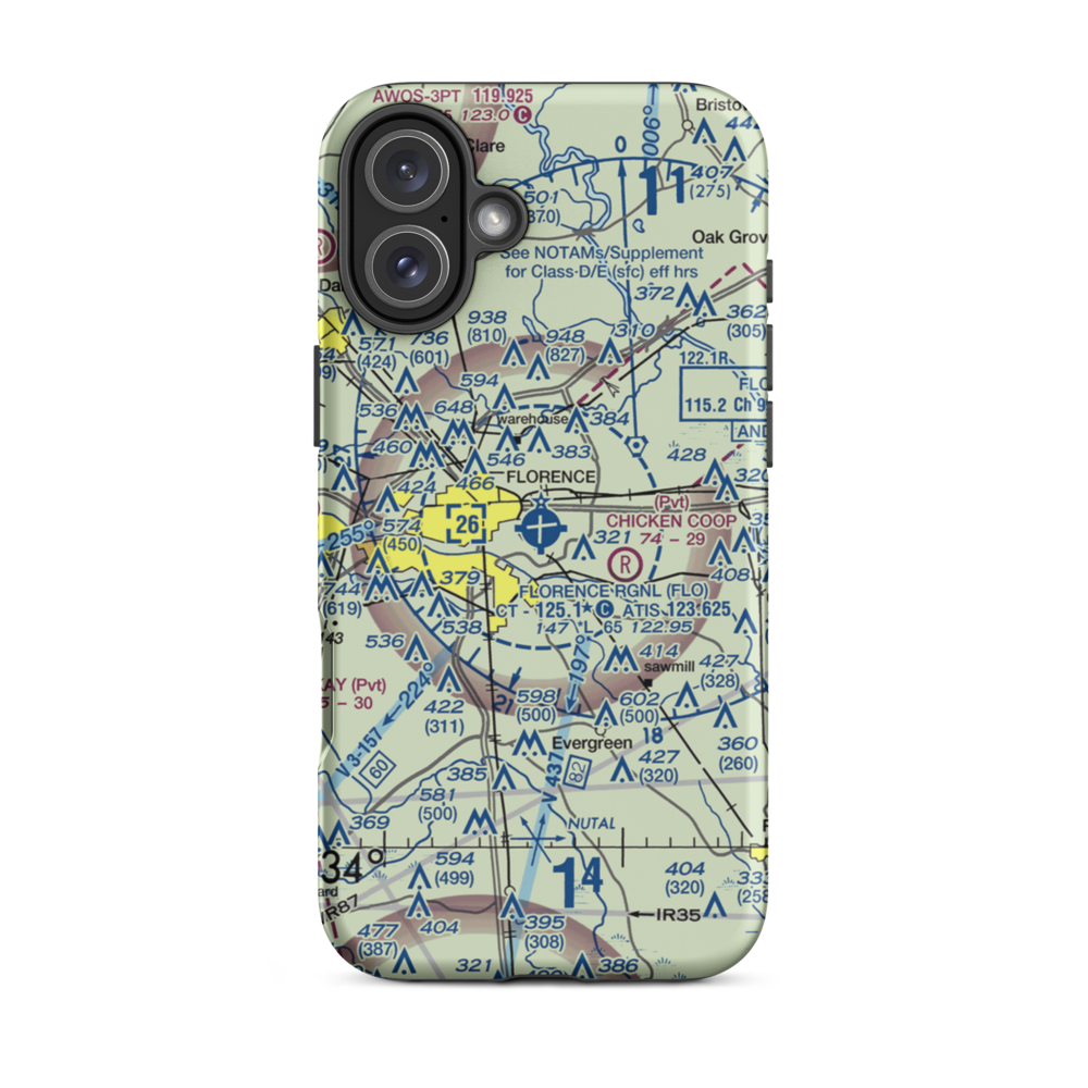 Florence Regional Airport (FLO) VFR Sectional  Tough iPhone Case iPhone 16 Plus model shown