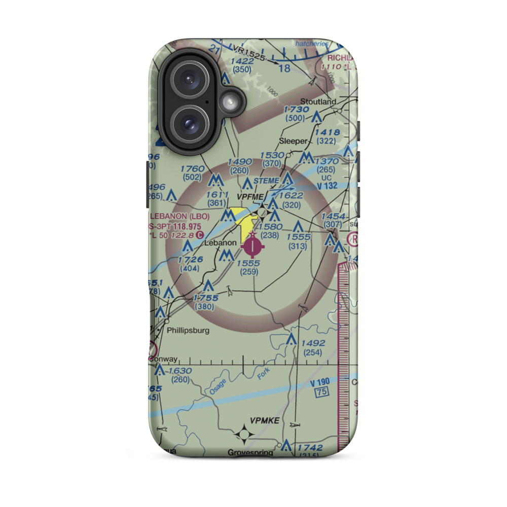 Floyd W. Jones Lebanon Airport (LBO) VFR Sectional  Tough iPhone Case iPhone 16 Plus model shown