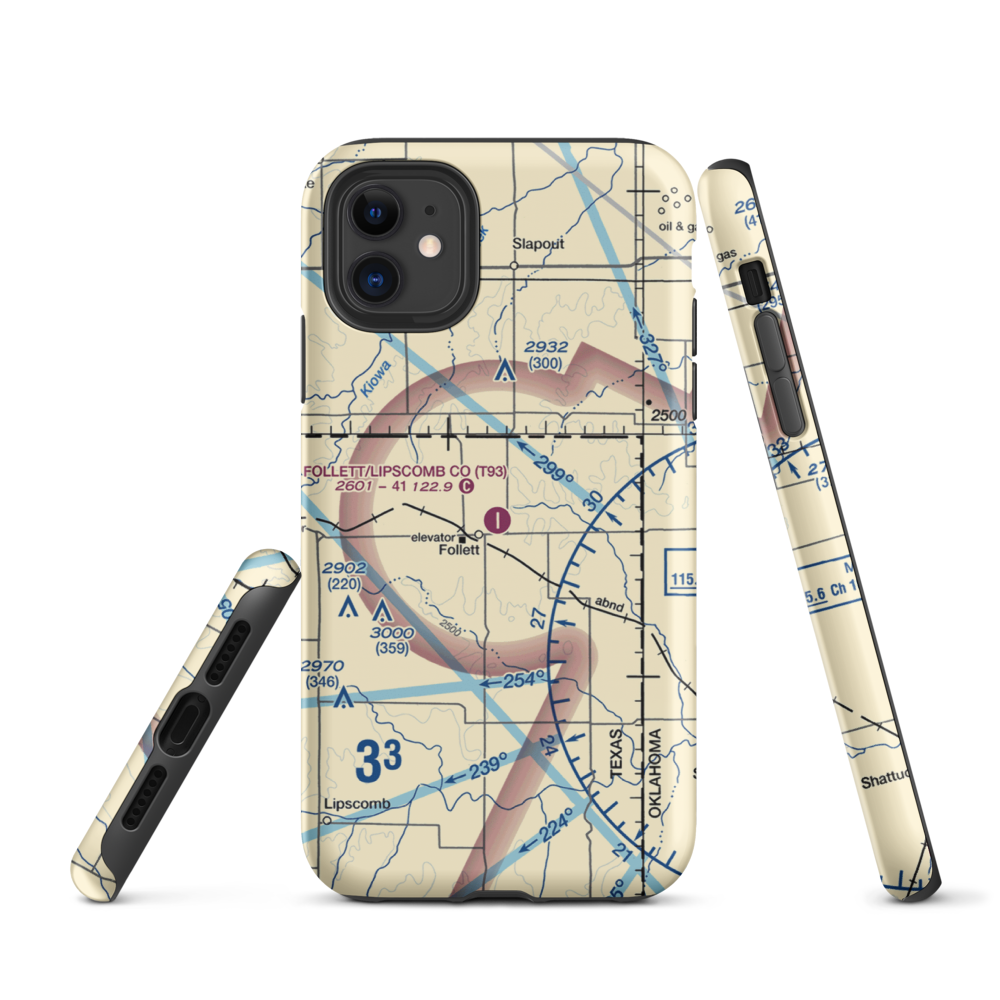 Follett Lipscomb County Airport (T93) VFR Sectional  Tough iPhone Case iPhone 11 model shown