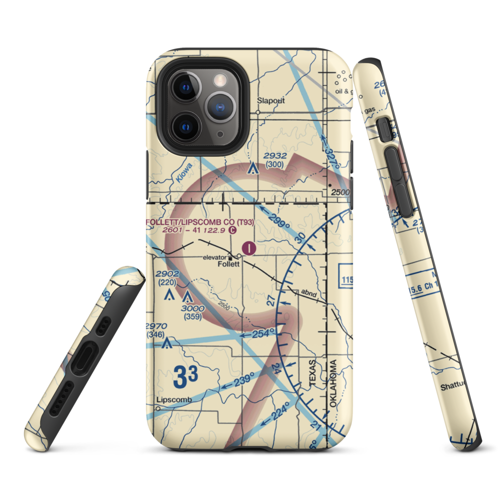 Follett Lipscomb County Airport (T93) VFR Sectional  Tough iPhone Case iPhone 11 Pro model shown
