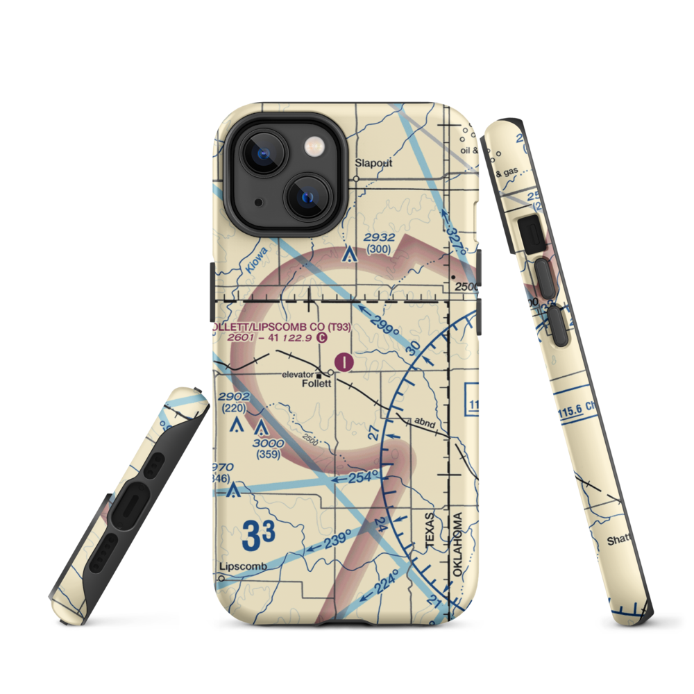 Follett Lipscomb County Airport (T93) VFR Sectional  Tough iPhone Case iPhone 14 model shown