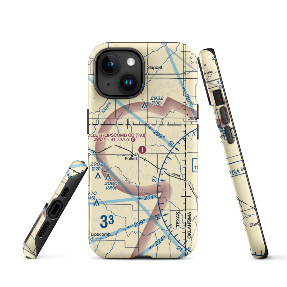 Follett Lipscomb County Airport (T93) VFR Sectional  Tough iPhone Case iPhone 15 model shown