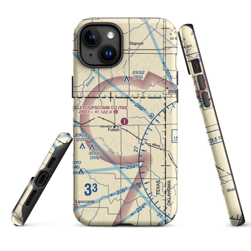 Follett Lipscomb County Airport (T93) VFR Sectional  Tough iPhone Case iPhone 15 Plus model shown