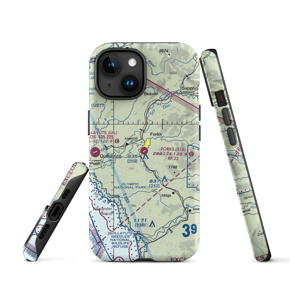 Forks Airport (S18) VFR Sectional  Tough iPhone Case iPhone 15 model shown