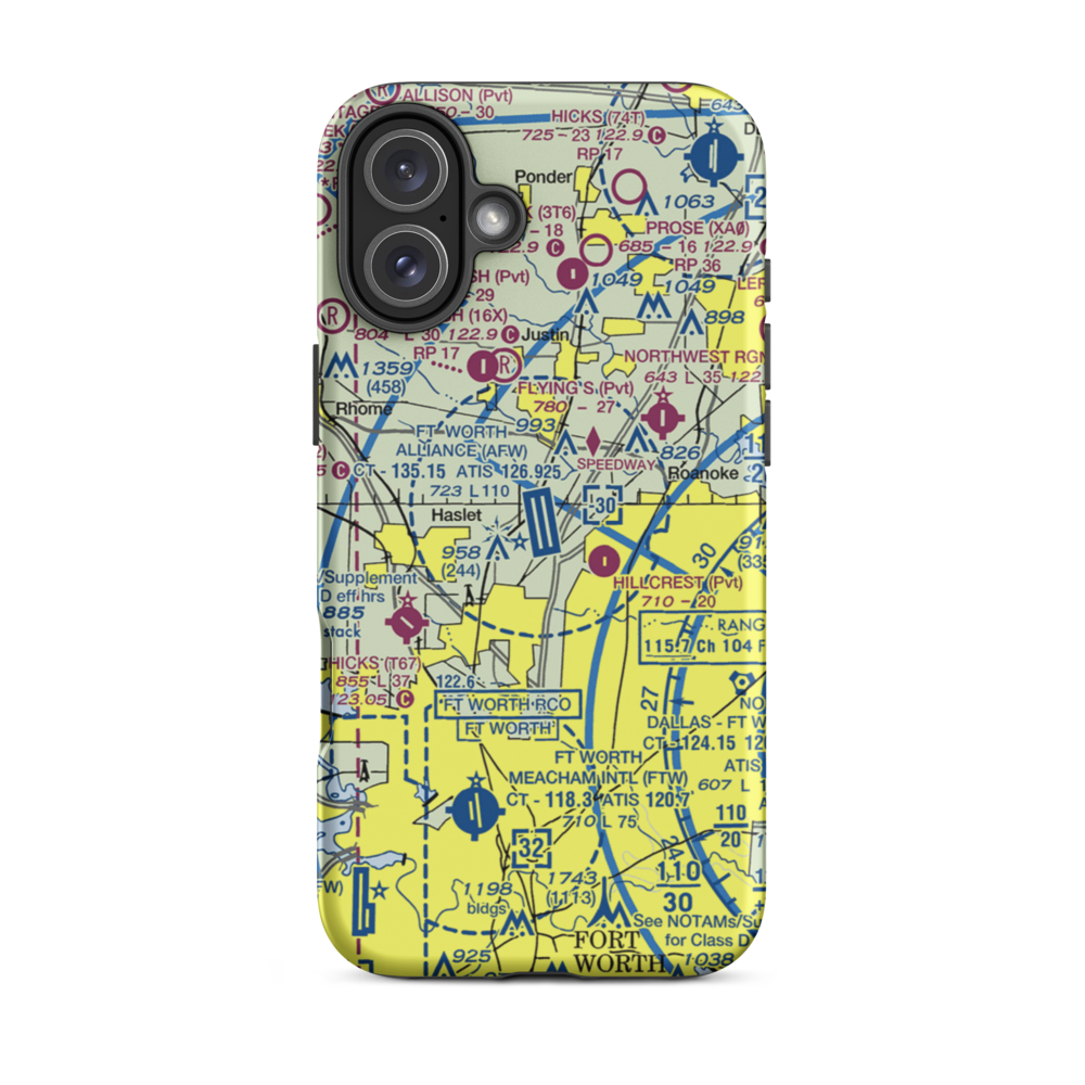 Fort Worth Alliance Airport (AFW) VFR Sectional  Tough iPhone Case iPhone 16 Plus model shown