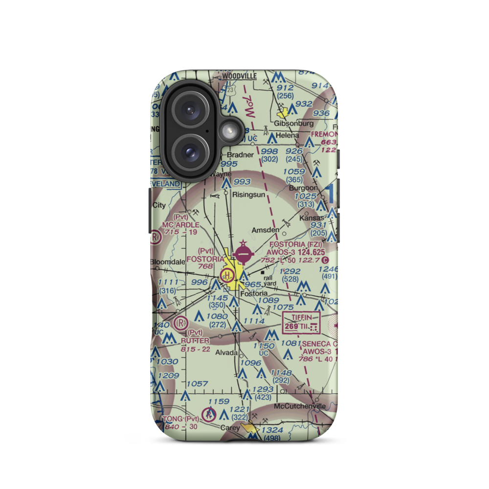 Fostoria Metropolitan Airport (FZI) VFR Sectional  Tough iPhone Case iPhone 16 model shown