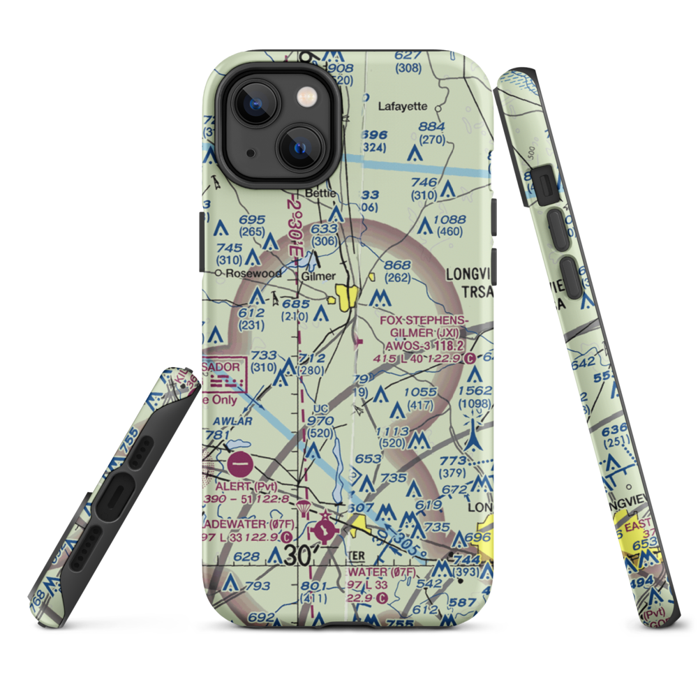 Fox Stephens Field Gilmer Municipal Airport (JXI) VFR Sectional  Tough iPhone Case iPhone 14 Plus model shown