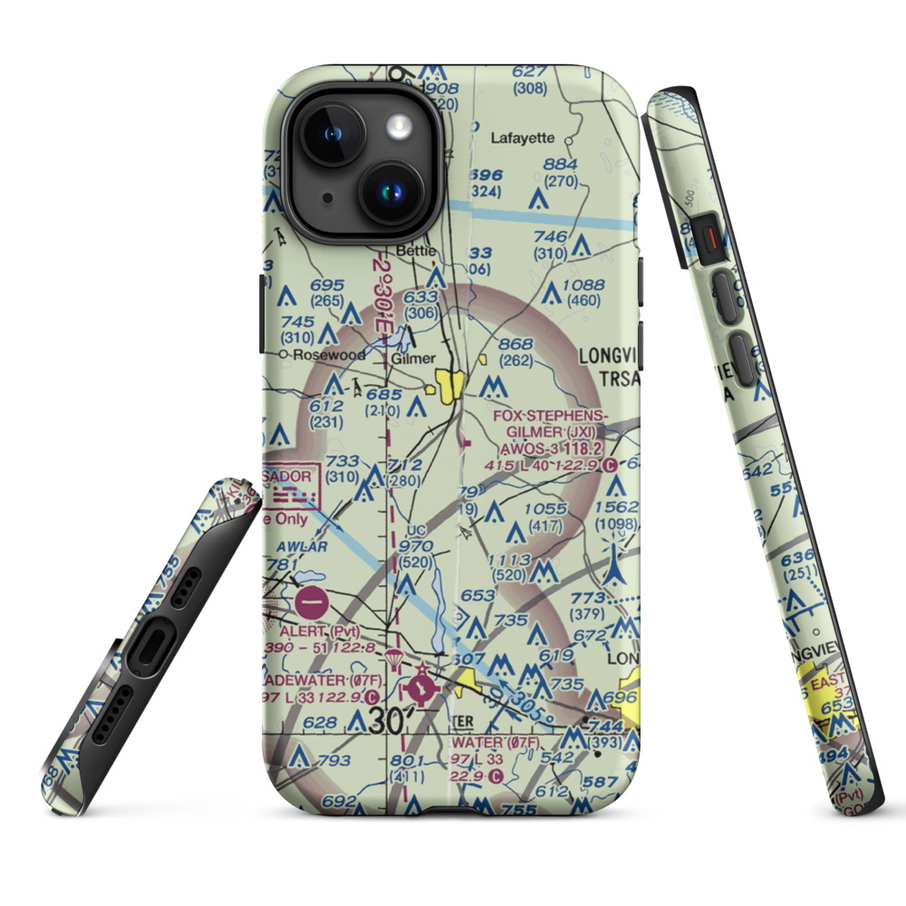 Fox Stephens Field Gilmer Municipal Airport (JXI) VFR Sectional  Tough iPhone Case iPhone 15 Plus model shown