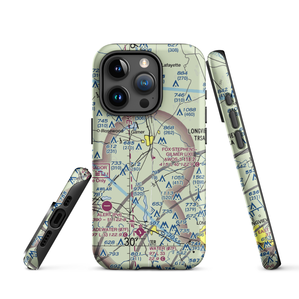 Fox Stephens Field Gilmer Municipal Airport (JXI) VFR Sectional  Tough iPhone Case iPhone 15 Pro model shown
