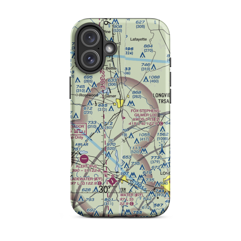 Fox Stephens Field Gilmer Municipal Airport (JXI) VFR Sectional  Tough iPhone Case iPhone 16 Plus model shown