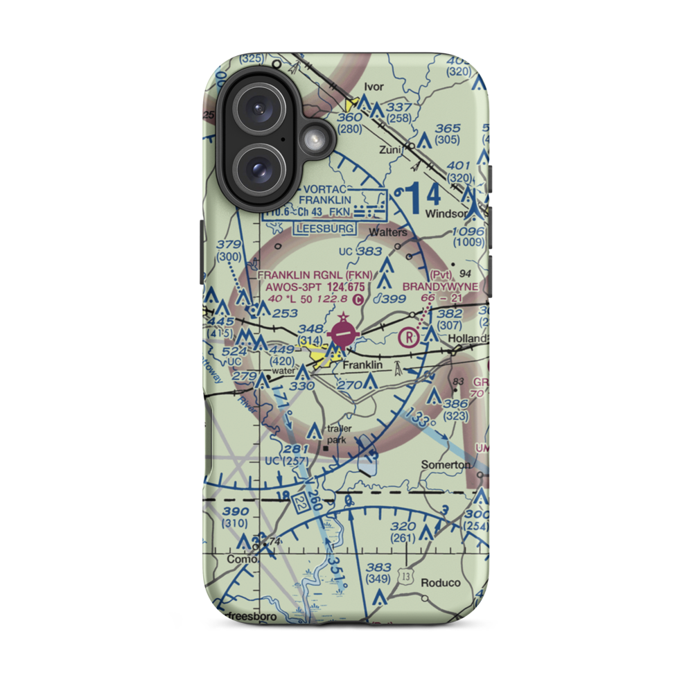 Franklin Regional Airport (FKN) VFR Sectional  Tough iPhone Case iPhone 16 Plus model shown