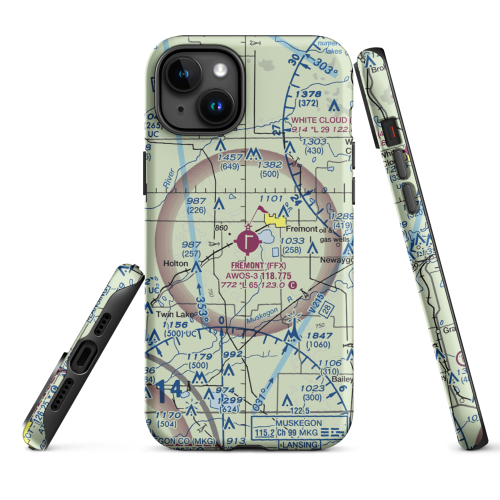 Fremont Municipal Airport (FFX) VFR Sectional  Tough iPhone Case iPhone 15 Plus model shown