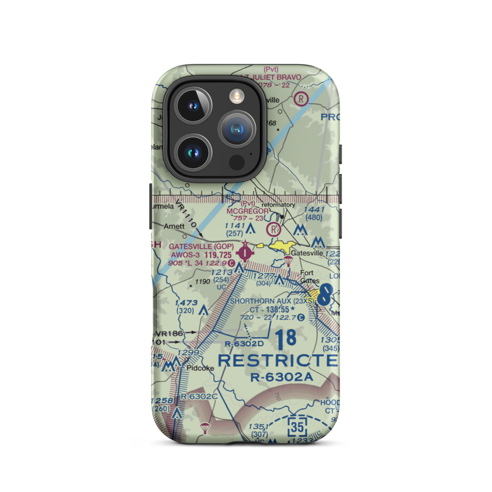 Gatesville Municipal Airport (GOP) VFR Sectional  Tough iPhone Case iPhone 16 Pro model shown