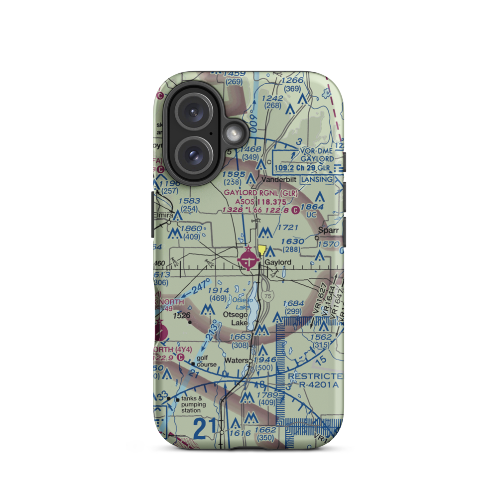 Gaylord Regional Airport (GLR) VFR Sectional  Tough iPhone Case iPhone 16 model shown
