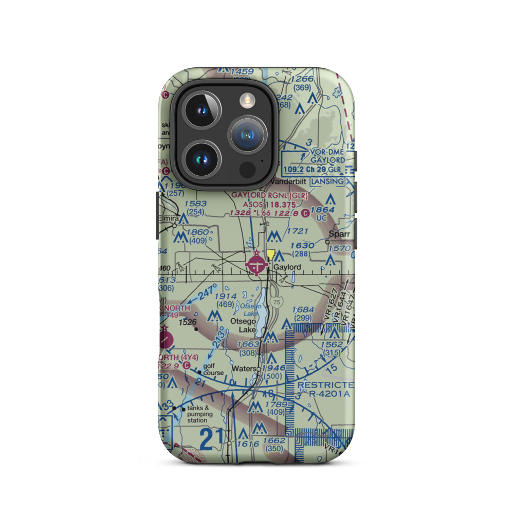 Gaylord Regional Airport (GLR) VFR Sectional  Tough iPhone Case iPhone 16 Pro model shown