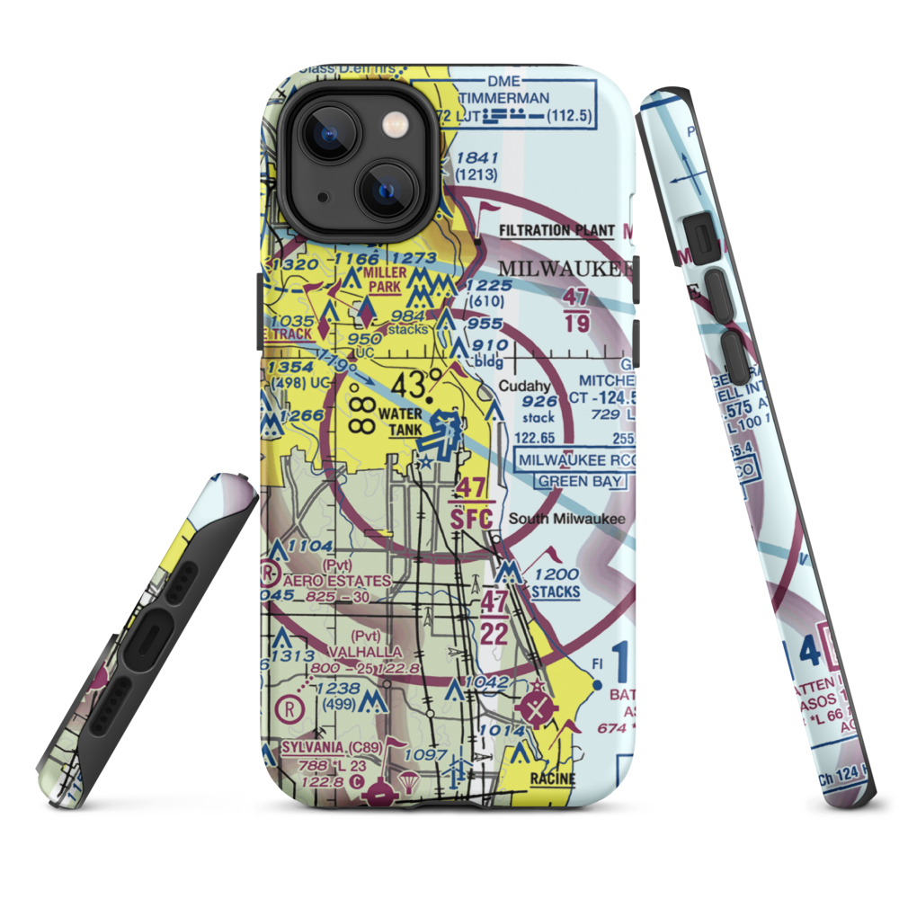 General Mitchell International Airport (MKE) VFR Sectional  Tough iPhone Case iPhone 14 Plus model shown