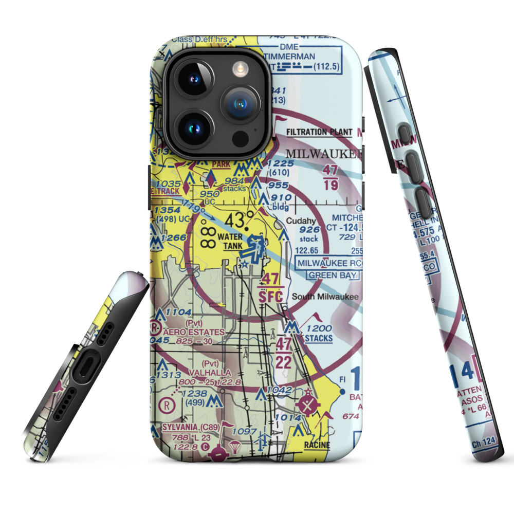 General Mitchell International Airport (MKE) VFR Sectional  Tough iPhone Case iPhone 15 Pro Max model shown