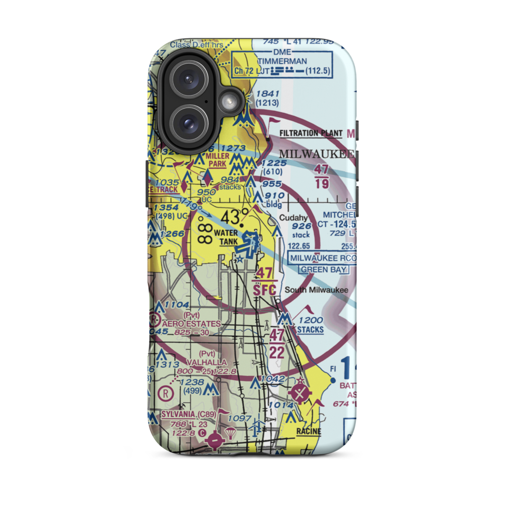 General Mitchell International Airport (MKE) VFR Sectional  Tough iPhone Case iPhone 16 Plus model shown