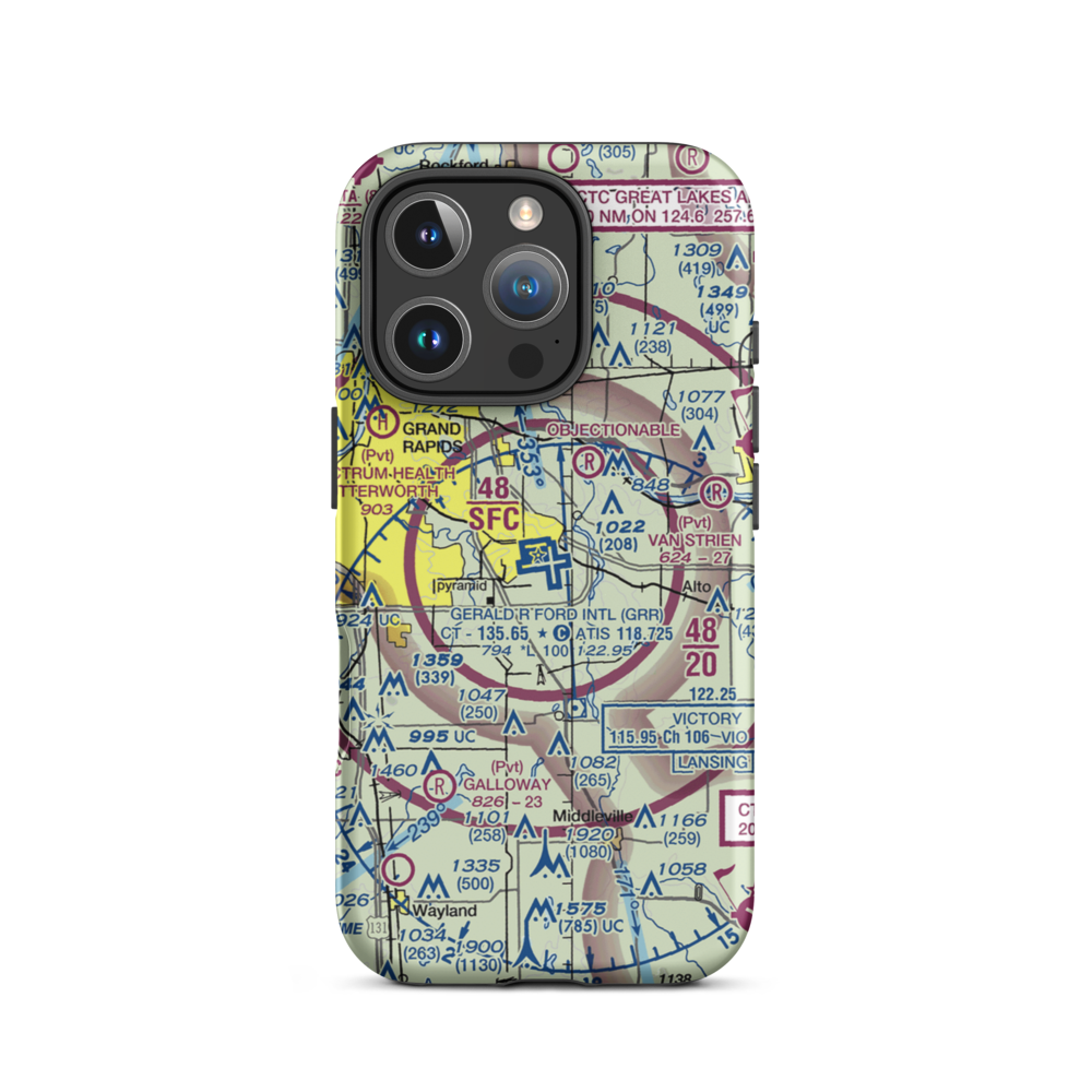 Gerald R. Ford International Airport (GRR) VFR Sectional  Tough iPhone Case iPhone 16 Pro model shown
